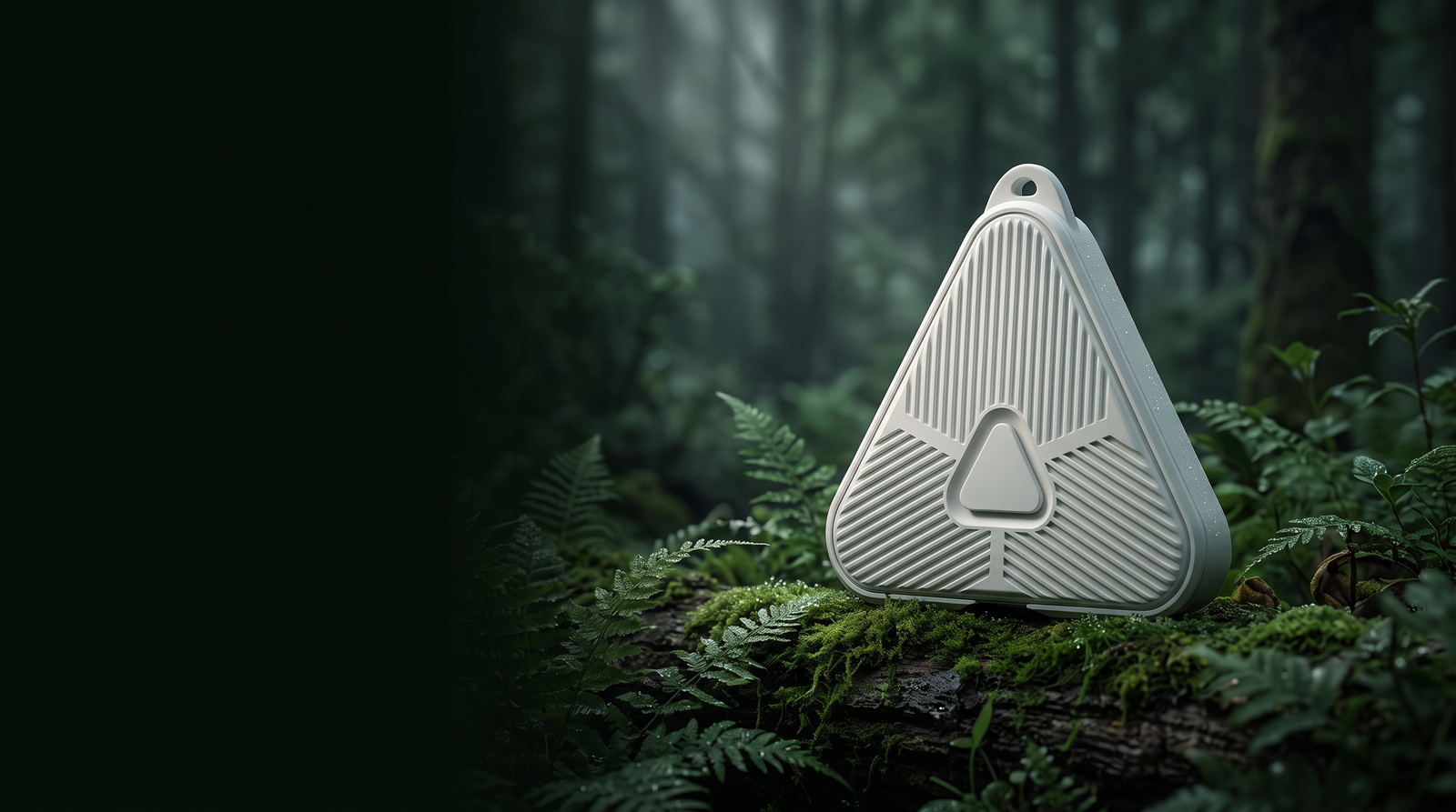 Roam Repel clipped to a hiking backpack strap on a forest trail